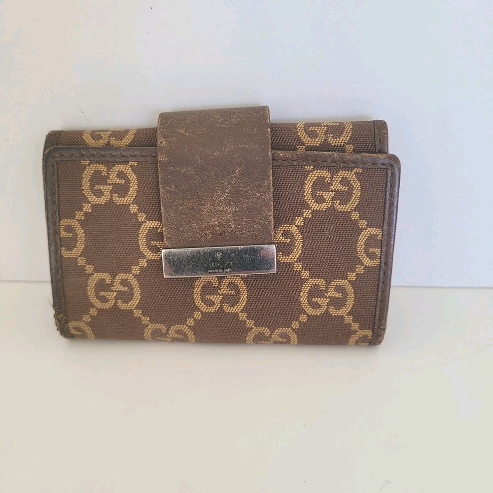 GUCCI GG Logo Plate Key Holder Wallet Case Leather Canvas Small Unisex Brown